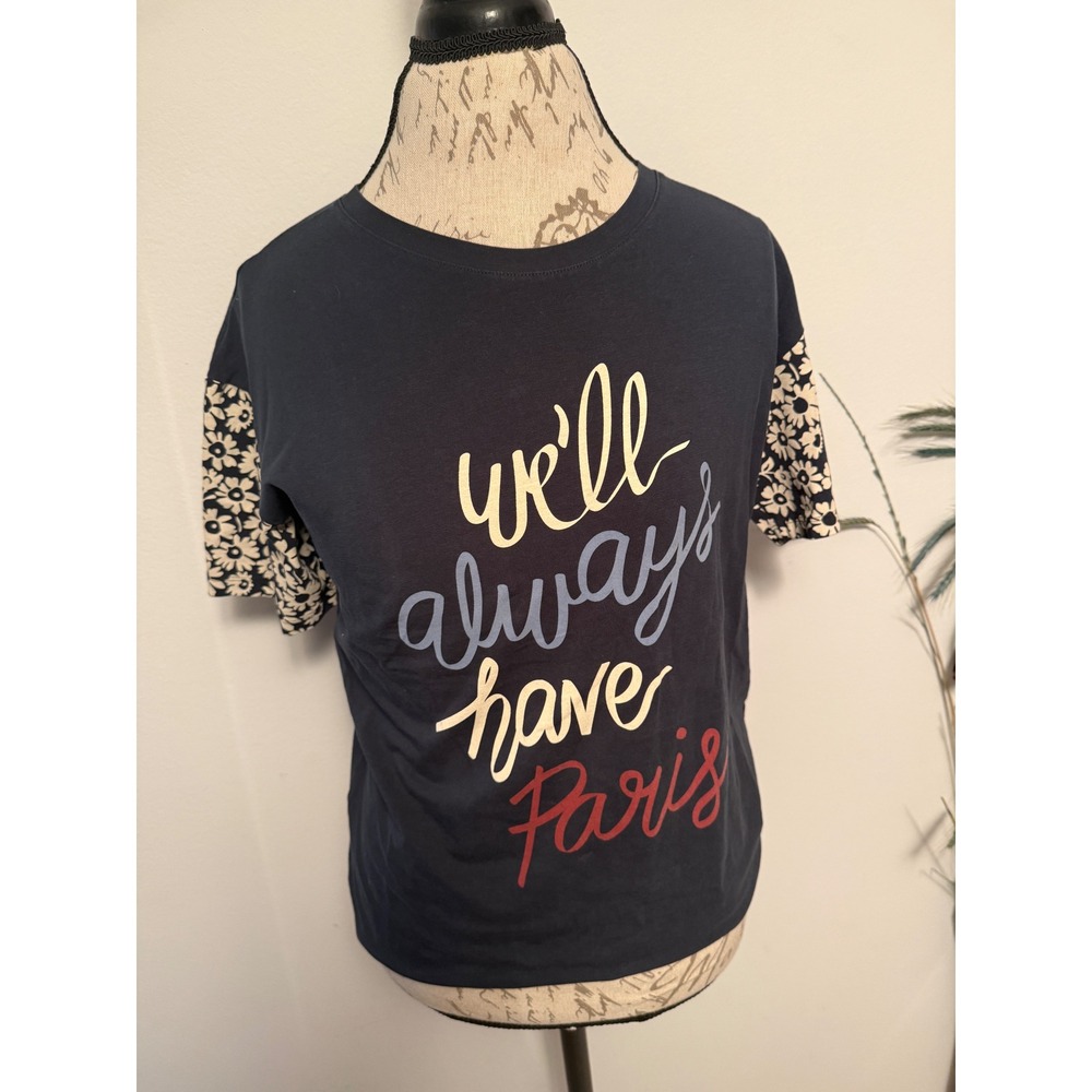 Naf Naf Paris T Shirt Women Size S Blue Floral‎ Sleeve Graphic Tee